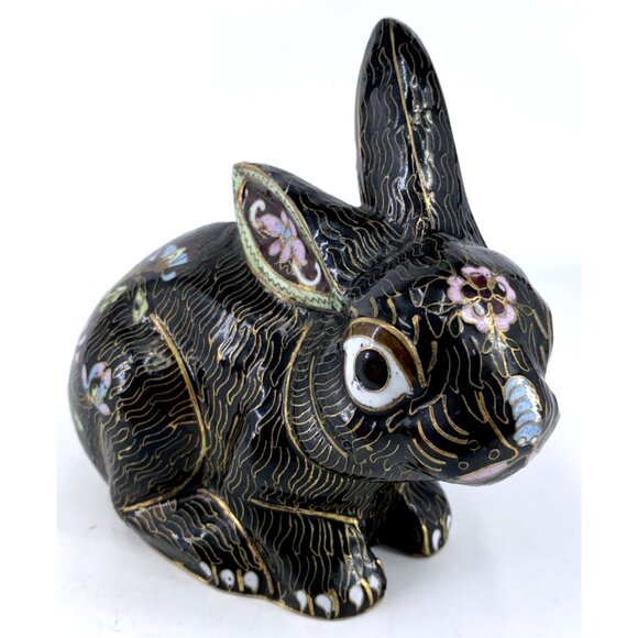 Cloisonné Rabbit Bunny Figurine Black & Gold Floral Enamel Easter 6" Long - Picture 1 of 7